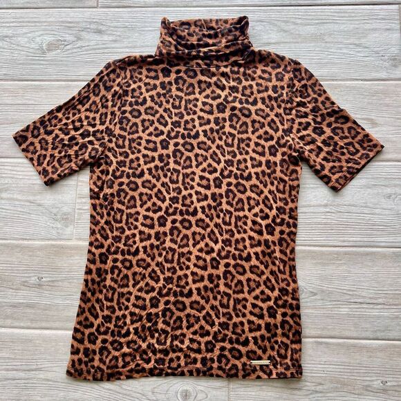 Michael Kors Womens‎ Brown Leopard Print Turtleneck Short Sleeve Top Size Small - Picture 1 of 6